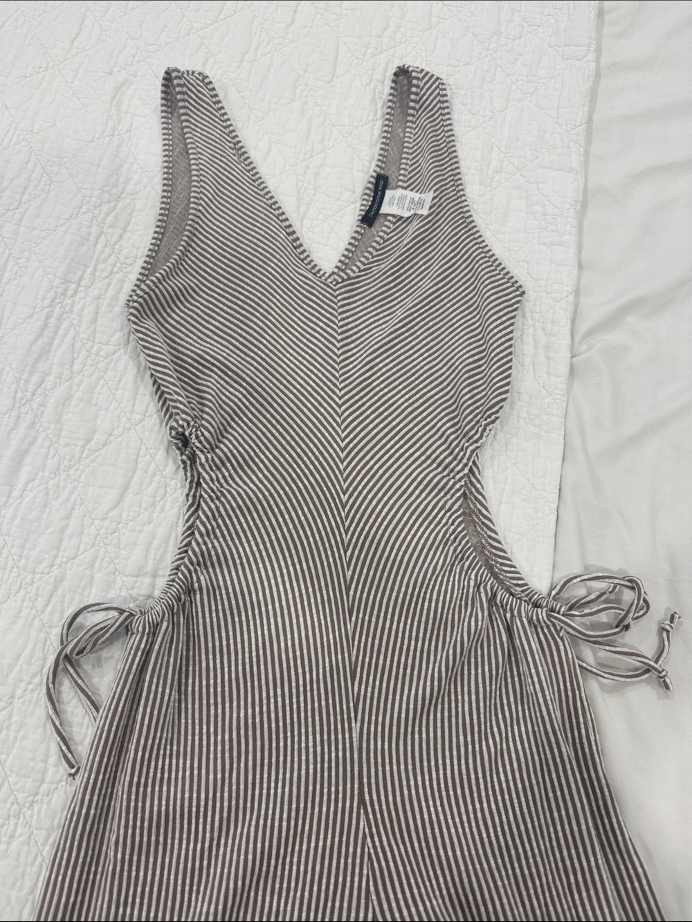 Caution To The Wind Taupe & White Striped Romper. Size Medium.